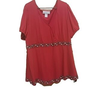 Woman Within Knit Tunic Top Women's Plus Size 2X 26/28 Red V Neck Beaded accents